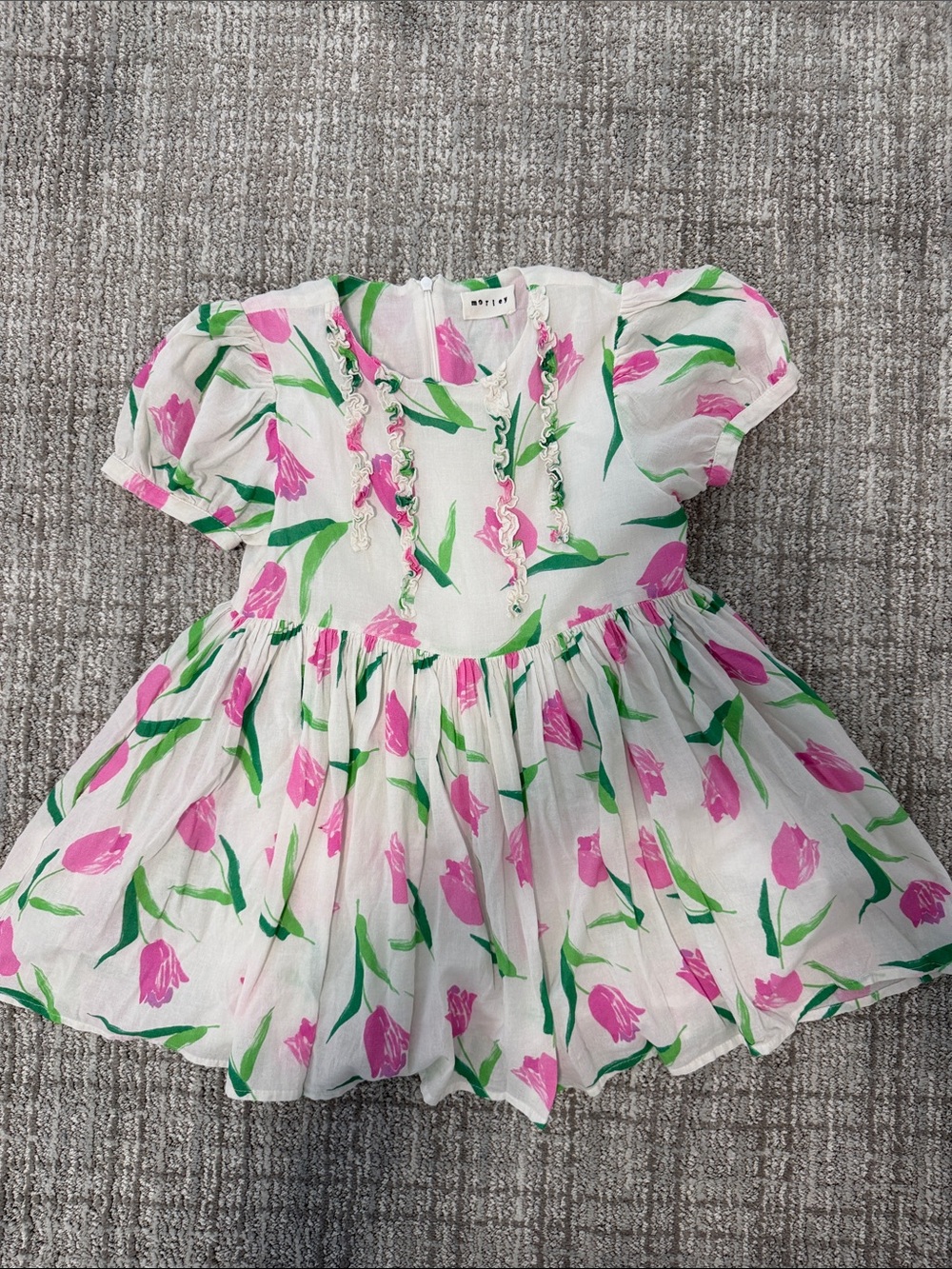 Morley White Dress with Pink Tulip Print and Green Leaves